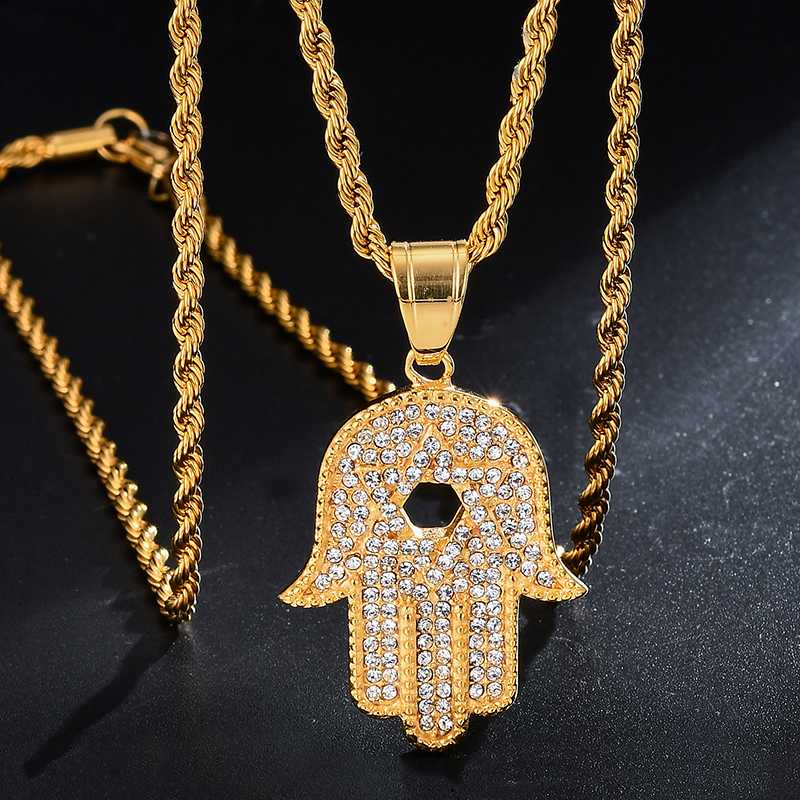 

US7 Iced Hand Pendant Necklace For Men Women Free Steel Chain Gold Silver Color Cubic Zircon Men's Hip hop Jewelry For Gift