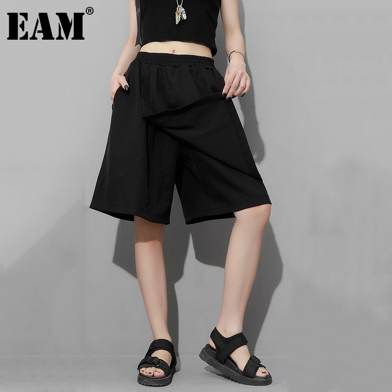 

EAM] High Elastic Waist Black Split Joint Half Length Trousers New Loose Fit Pants Women Fashion Tide Spring Summer 2020 1Z303