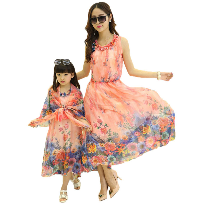 

2019 Mother Daughter Family Matching Outfits Dress And Shawl 2Pcs Summer Chiffon Girl Women Boho Loose Dresses Sundress Clothes, Green