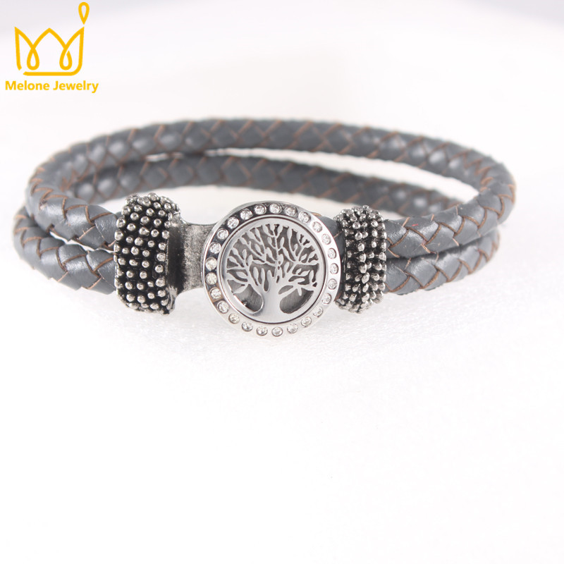 

Tree of Life Pattern 20MM Stainless Steel Crystal Essential Oil Diffuser Locket With 18mm Snap Button Genuine Leather Bracelet