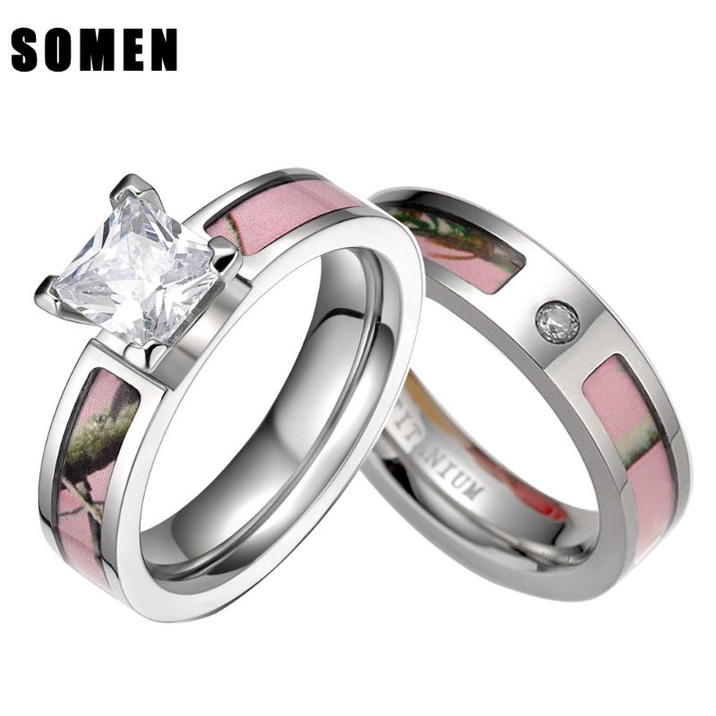 

2Pcs Pink Tree Camo Inlay Titanium Couple Ring Set Women Cubic Zirconia Wedding Band Men Engagement Ring Jewelry Lover alliance