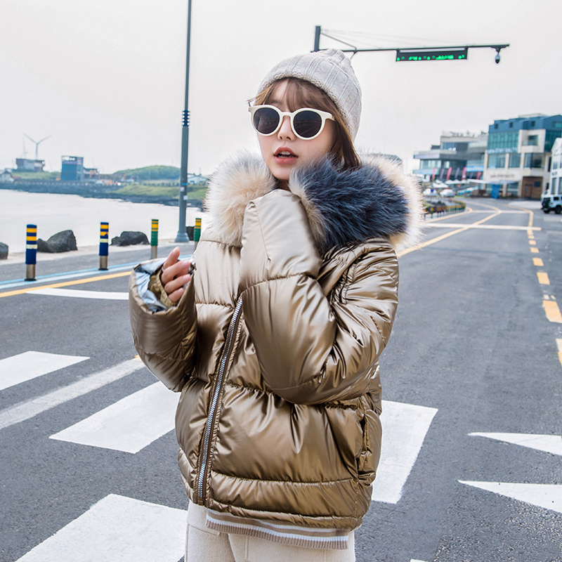 

2020 New Women Winter Fashion Glossy Casual Jacket Female Harajuku BF Coats Bright Hooded Fur Collar Short Oversized Parkas A398, Black