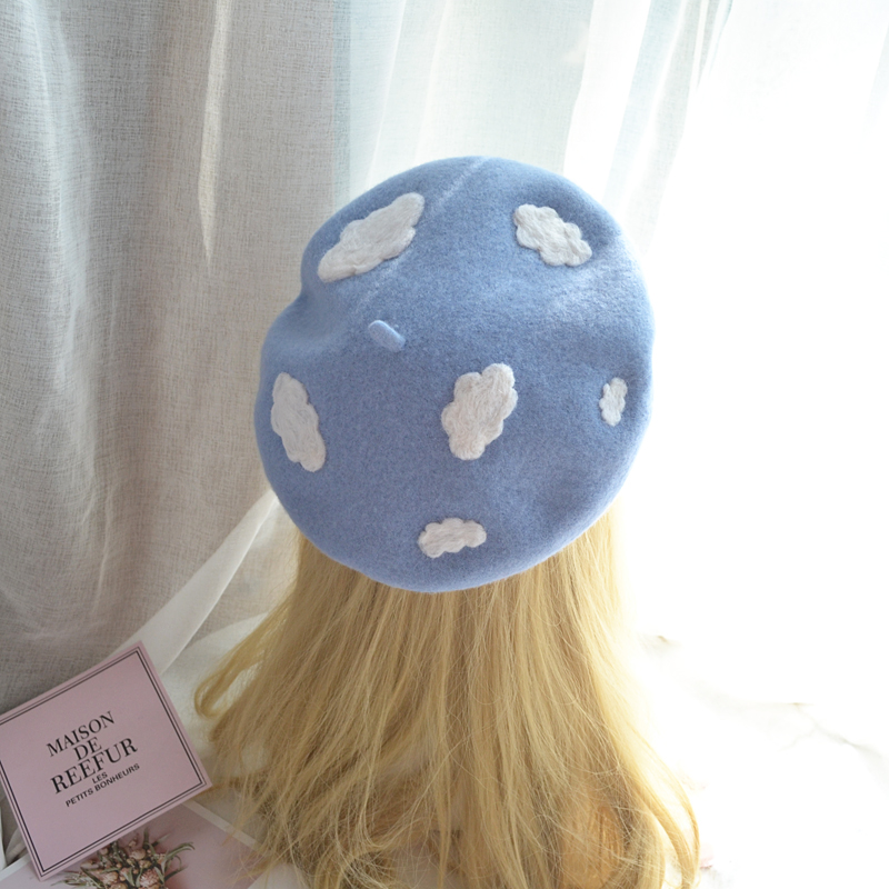 

Japanese Soft sister Sweet Cute hats Clouds Wool Beret Women Small Fresh Painter cap warm Buds Hat Teen girls Autumn & Winter, Blue
