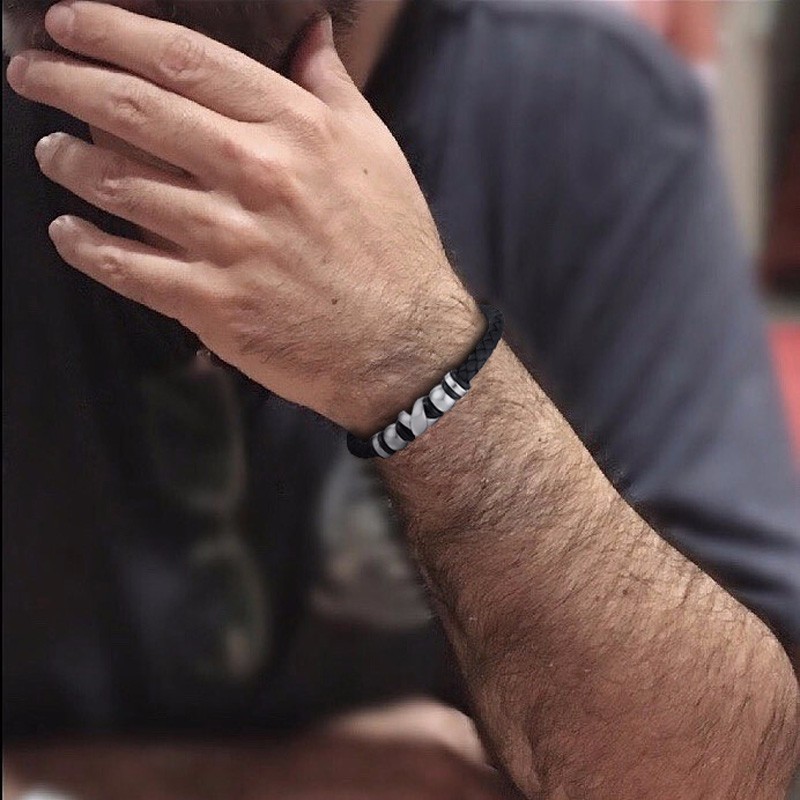 

Charm Bracelets Mens Jewelry Black Leather Weave Bracelet With Stainless Steel Wristband Brackelts Brazalet Brazalete