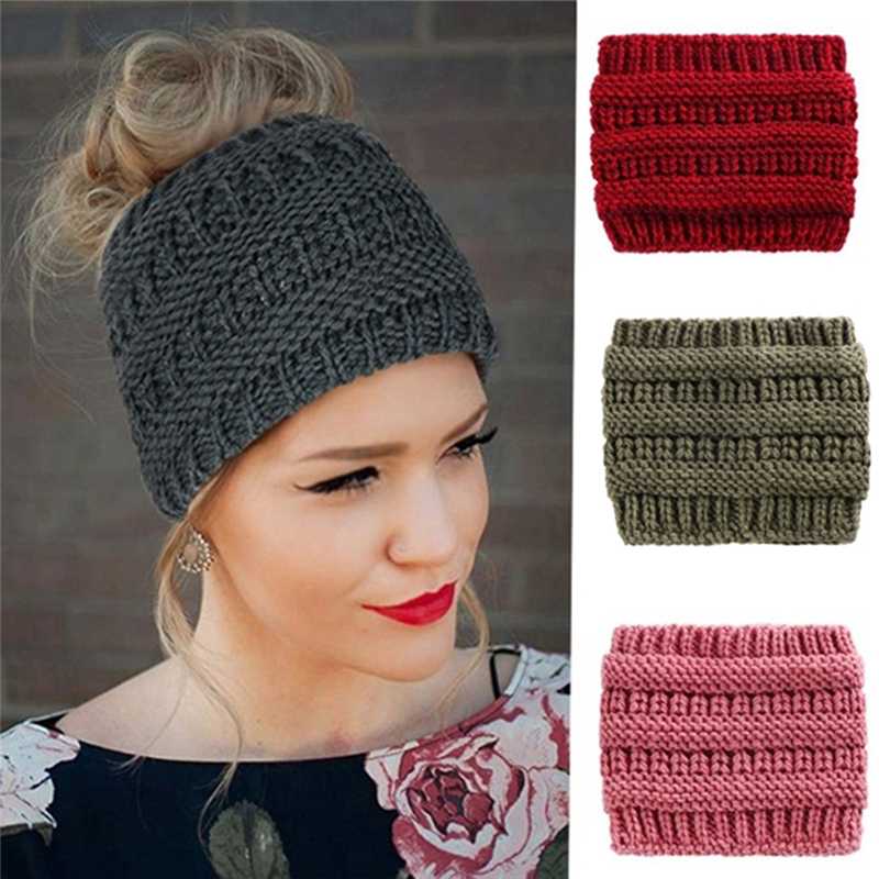 

2020 New Women Stretch Knitted Crochet Beanies Winter Hats For Women Hats Cap Warm Lady Messy Bun, Black