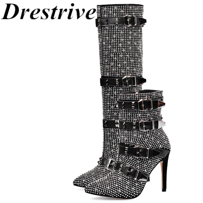 

Drestrive Crystal 2020 New Arrival Women Knee High Boots Pointed Toe Thin Heel Buckle Rivet Kid Suede High Heel Shoes Zipper, Black ankle boots