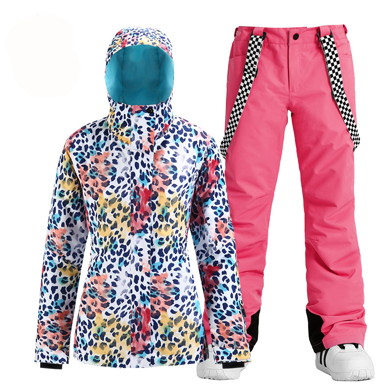 

New fashion Leopard Women's Snow Suit wear Snowboard Clothing Waterproof Costumes Winter Outdoor Skiing Jacket + bibs Snow pants, Picture jacket