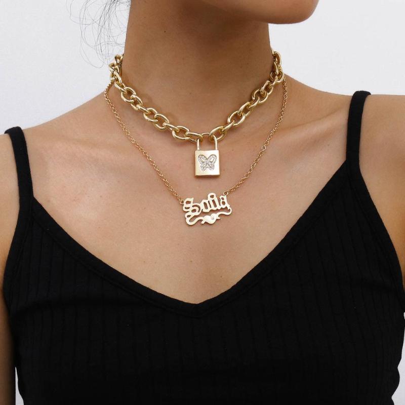 

Punk Cuban Miami Chunky Chain Pendant Necklace for Women Statement Padlock Metal Letter Crystal Lock Necklace Jewelry
