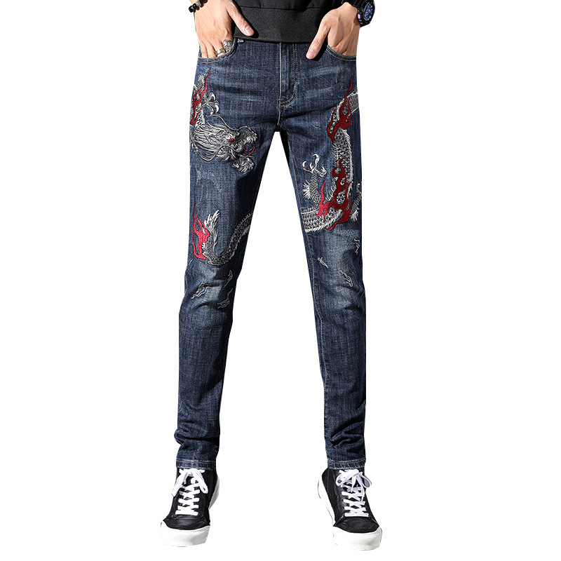 

Mens Tattoo Desgin Dragon Embroidery Stretch Slim fit Jeans Young Man Cowboy Pants Cotton Casual Straight Denim Trousers, Black