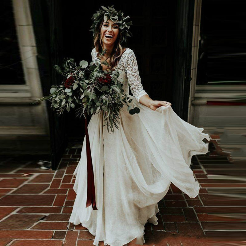 

Boho Wedding Dress Long Sleeves A Line White Ivory Chiffon Lace Princess Beach Bride Two Pieces Wedding Gown 2020