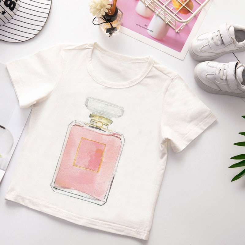 

Vogue Kids T Shirt Summer Short Sleeve Tshirt Boy Funny Flower And Perfume Pattern Printing White Clothes Cute Cartoon Girl Tops, 2237