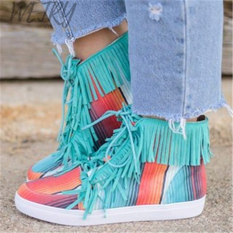 

Women Tassel Stripe Ankle Boots 2020 Women's Sewing Warm Woman Flats Female Shoe Ladies Casual Hook Loops Footwear Plus Size 43, Beige