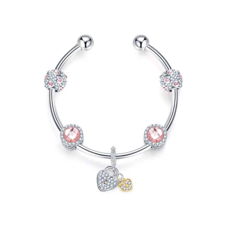 

Cute Jewelry DIY Crystal Lock Key Hearts Bracelets & Bangles for Women Silver Color Children Birthday Gifts Berloque