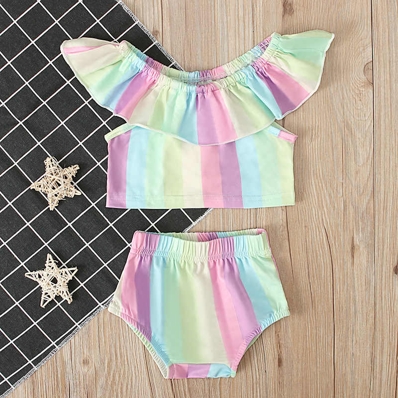 

2pcs/set Baby Girl summer clothing set Rainbow Top Ruffle Pants Brief Outfit Sunsuit for Kid clothes toddler Children newborn, As pic
