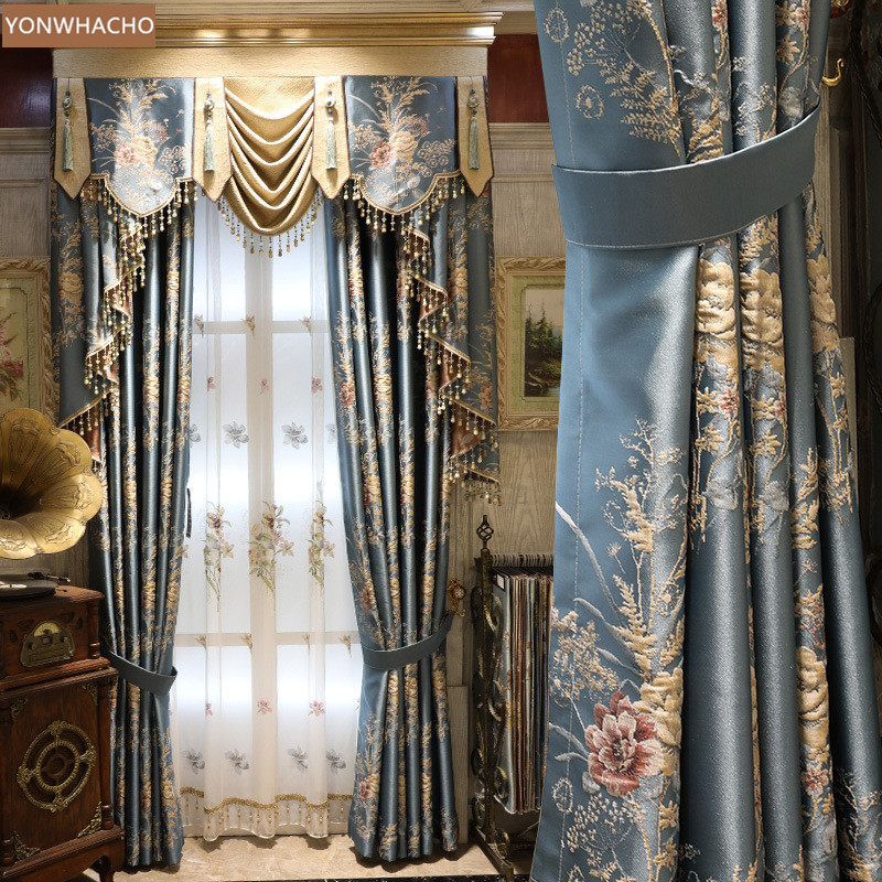 

Custom curtains luxury American thick jacquard cloth living room study blue cloth blackout curtain tulle valance drape B658, Tulle sheer