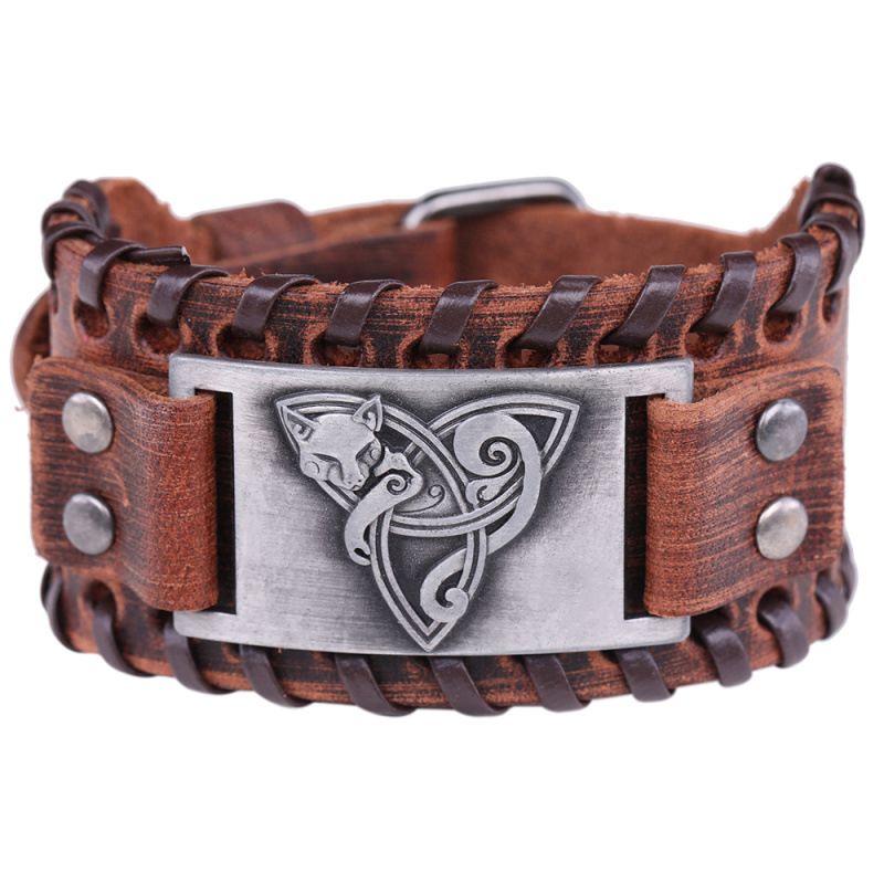 

Men's Gift Viking Wolf Leather Wide Bracelet Men's Amulet Bracelet