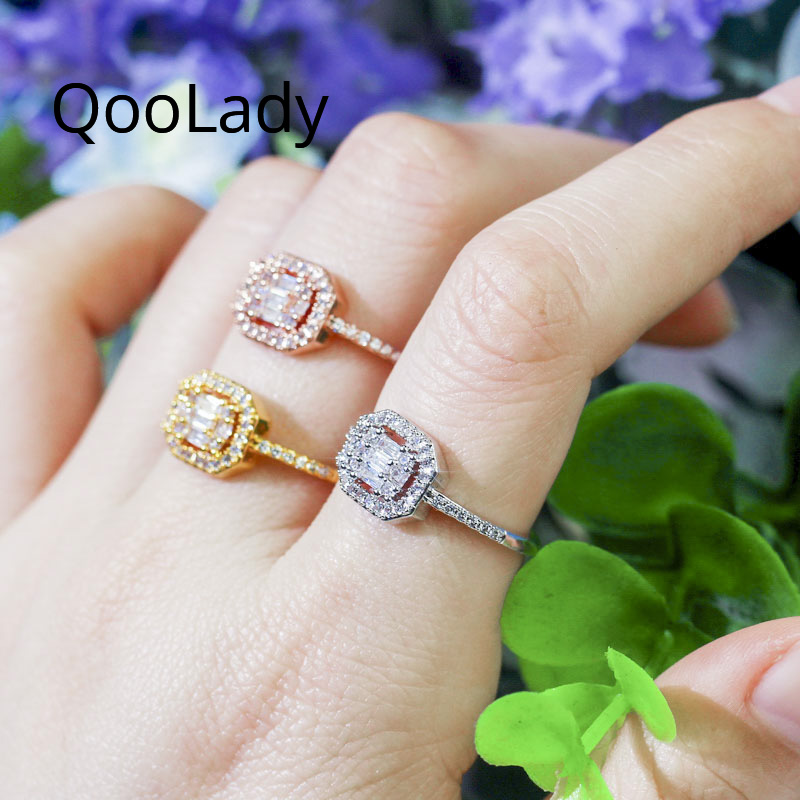 

QooLady Gorgeous Thin Square Cubic Zirconia Engagement Wedding Band Ring Rose Gold Color Fashion Women Finger Rings Jewelry F052