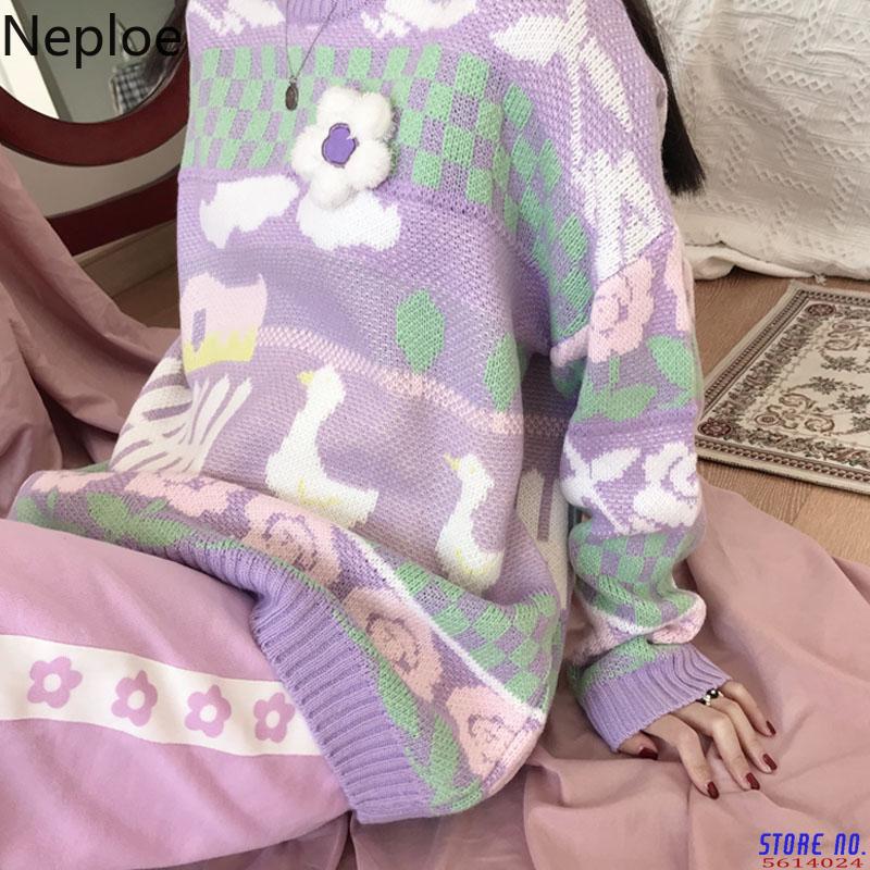 

Women Sweaters And Pullovers Cartoon Duck Rose Knitted Tops 2020 Autumn Winter Korean Long Sleeve O-neck Pull Tops 4D070, Purple