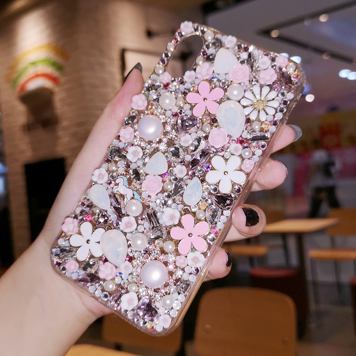 For iphone 11 pro max case x xr xs max 6 7 8 plus colorful flowers pearl rhinestone diamond cases fashion luxury designer-image-583027241
