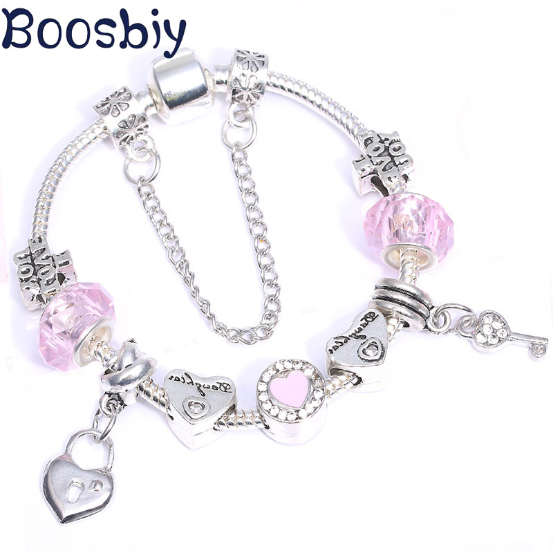 

Boosbiy European Style Crystal Beads Fit Charm Bracelet DIY Heart & Key Pendant Fine Bracelet For Women Valentine's Day Gift