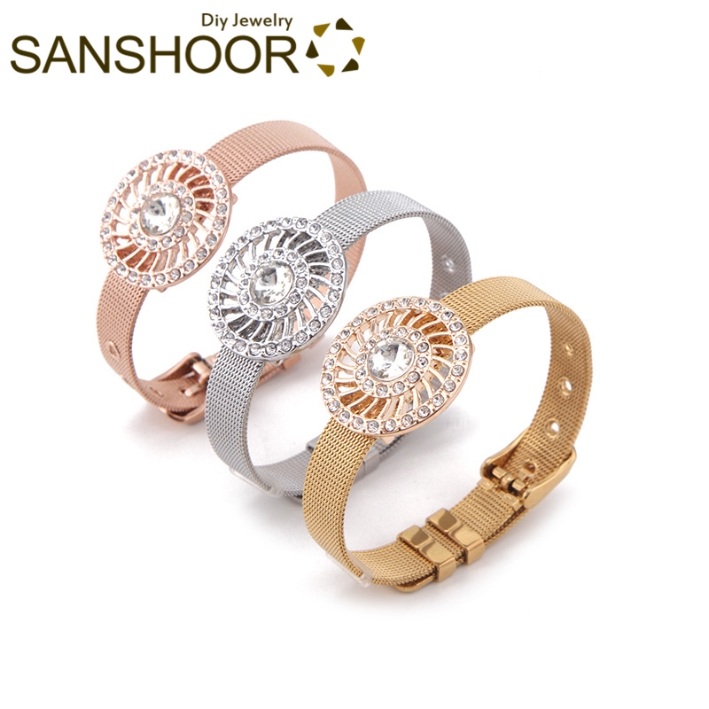 

SANSHOOR 21cm Mesh Stainless Steel Keeper Bracelet Set With 2.8cm Crystal Circle Slide Charms For Women Christmas Gifts 1Set