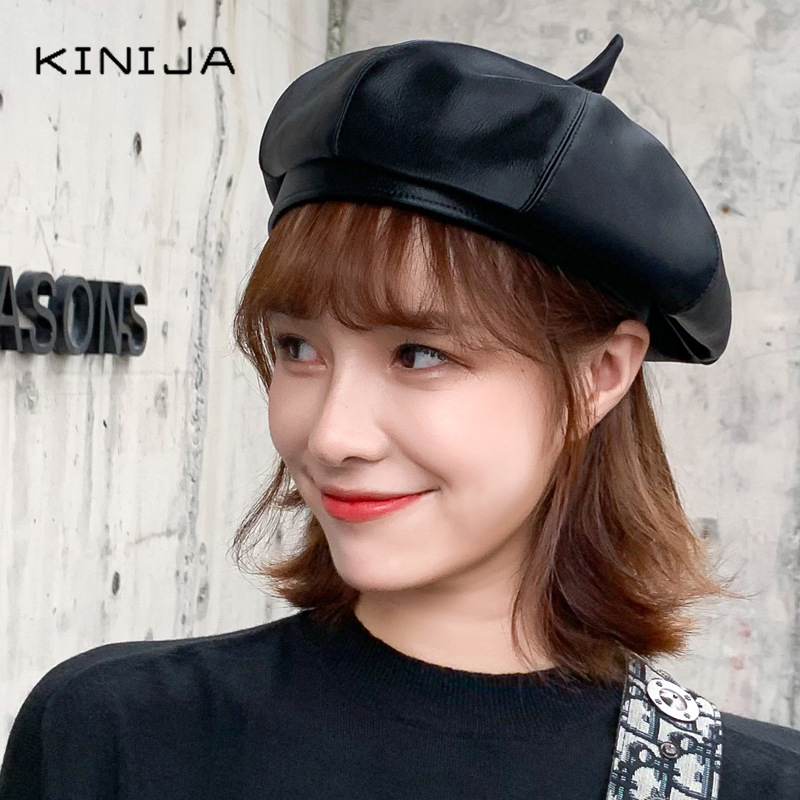 

Fashion retro PU leather beret painter hat outdoor shopping wild fashion high-quality female hat Octagonal Newsboy Painters Cap, Black