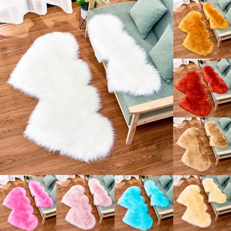 

Solid Living Room Floor Area Rug Double Heart Artificial Wool Sheepskin Rugs Shaggy Carpet Bedroom Sofa Decor Faux Fluffy Mats, Red
