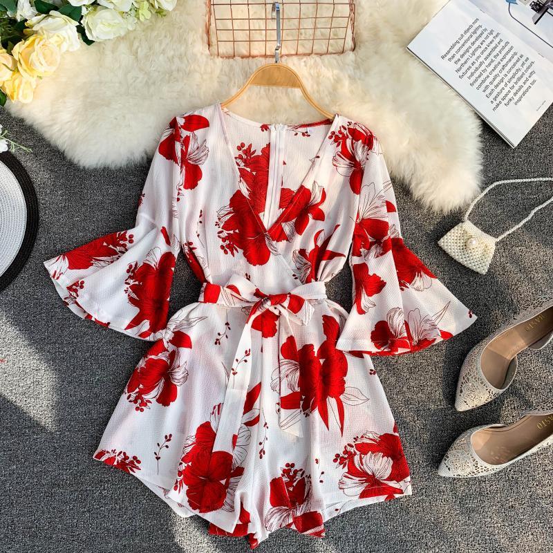 

Vintage Red Printed Jumpsuits Women Slim V-neck Beach Playsuits Romper Summer Woman Girls Bohe Badage Chiffon Bodysuits-a