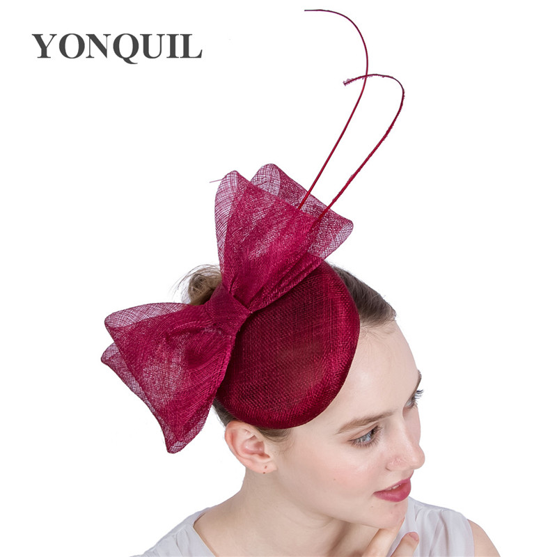 

Top Quality Sinamay marron fascinator base hat with bow ostrich quill decoration DIY millinery hair clip church wedding cocktail hats SYF139