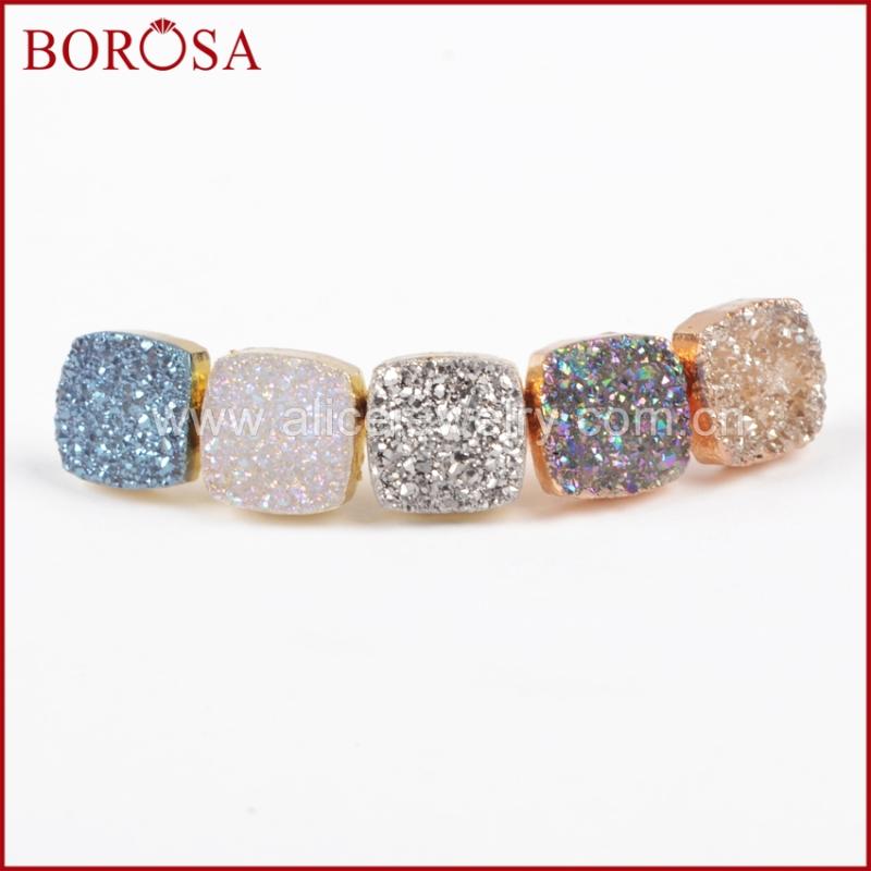 

BOROSA New Arrival! Wholesale Gold Color Square Natural Crystal Titanium Mix Color Druzy Stud Earrings G0914