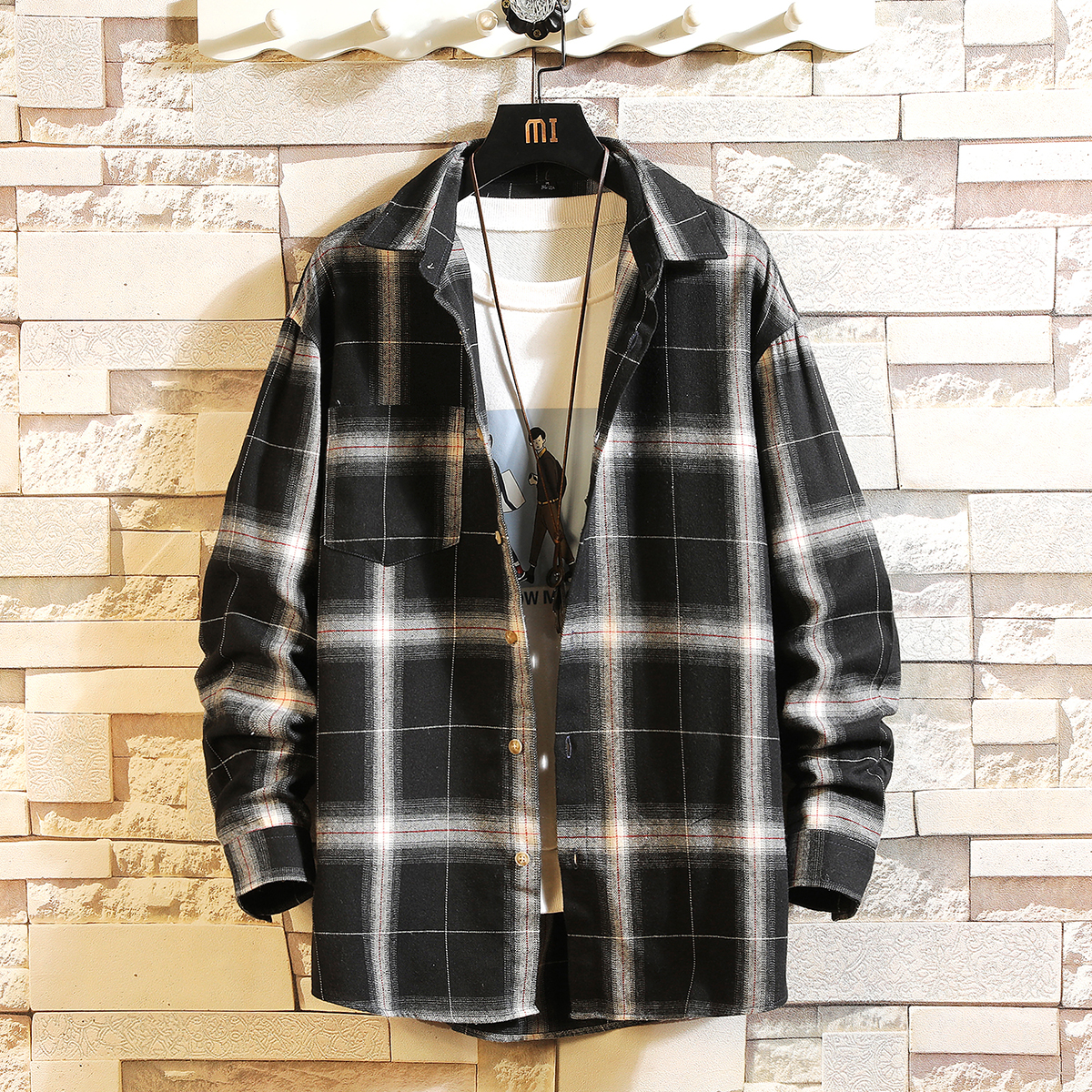 

HIP HOP Streetwear Casual Oversize Plaid Flannel White Black Shirt Men Long Sleeve 2020 Loose Spring Autumn Korea Clothes, A264-c706 b