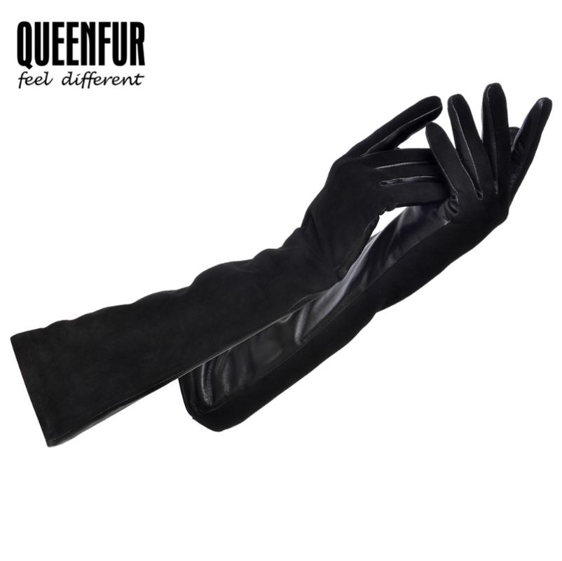 

QUEENFUR Women's Real Leather Long gloves Genuine Sheepskin Leather Gloves Warm Mittens Female Long Style Elbow