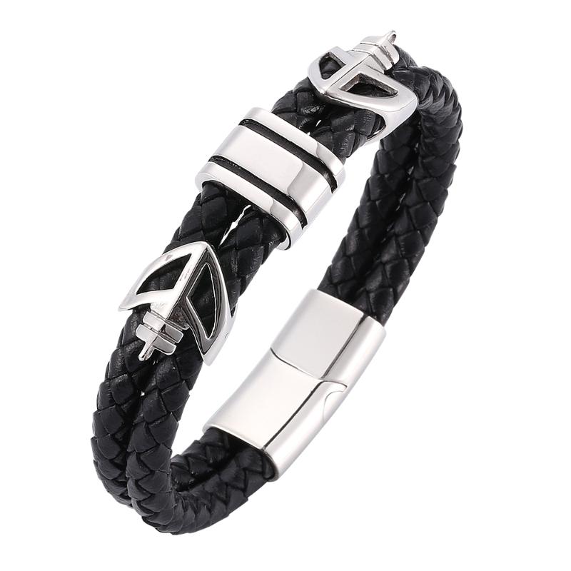 

Fashion business men's woven black leather bracelet Stainless steel magnetic buckle creative simple charm bracelet 7-SP0079