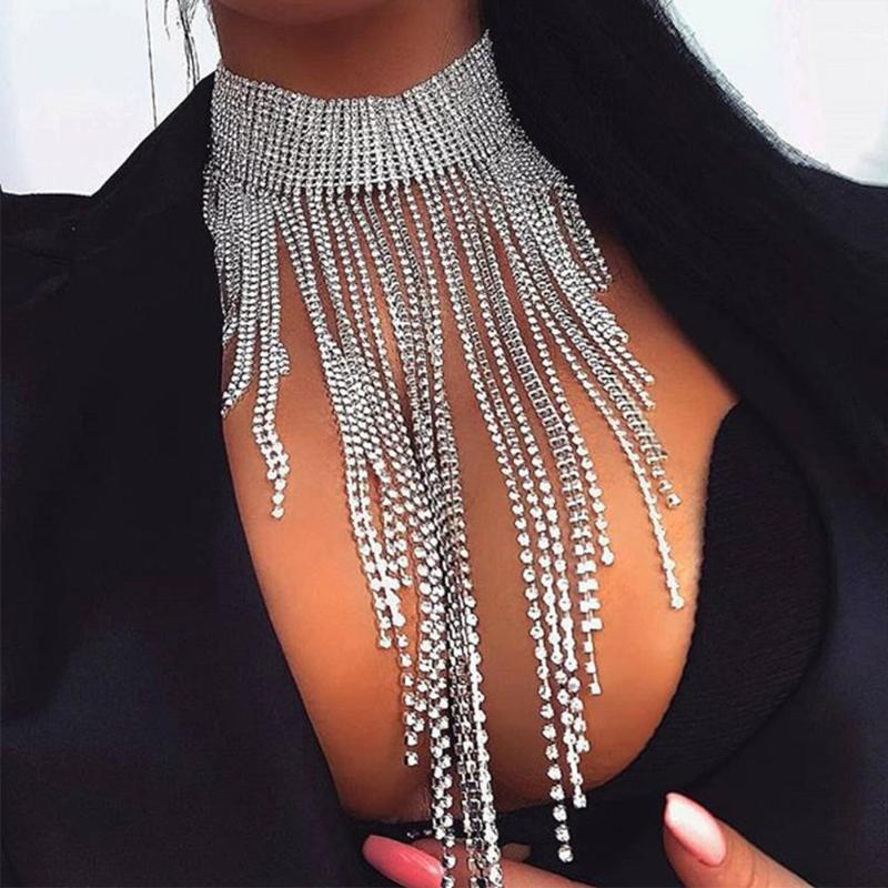 

GLAMing Fashion Long Tassel Necklace Chain for Women Silver-plated Shining Black Crystal Gold Rhinestone Statement Choker Party
