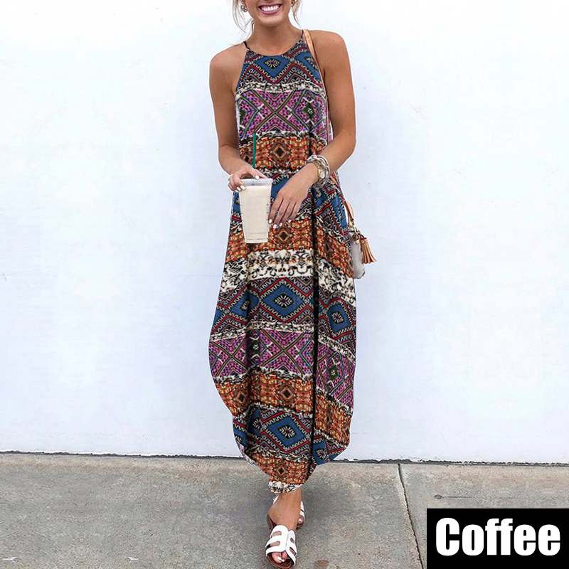 

VONDA Bohemian Dress Women Vintage Printed Maxi Dress 2020 Sleeveless Summer Beach Party Sexy Spaghetti Strap Vestidos Plus Size, Green
