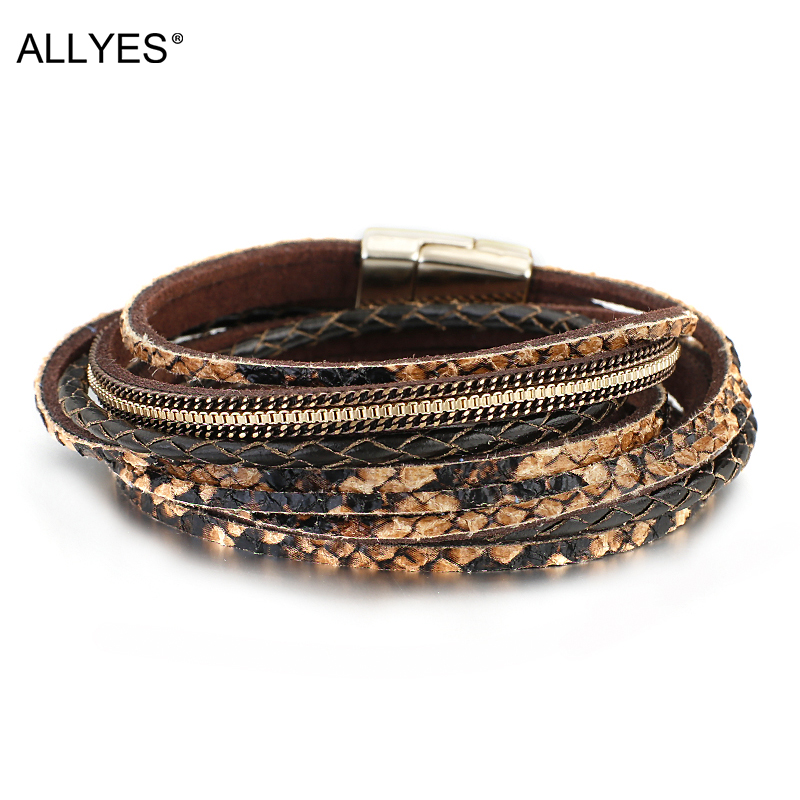

ALLYES Multilayer Braided Genuine Leather Bracelets for Women Bohemian Snake skin Pattern Wrap Bracelet Fashion Jewelry
