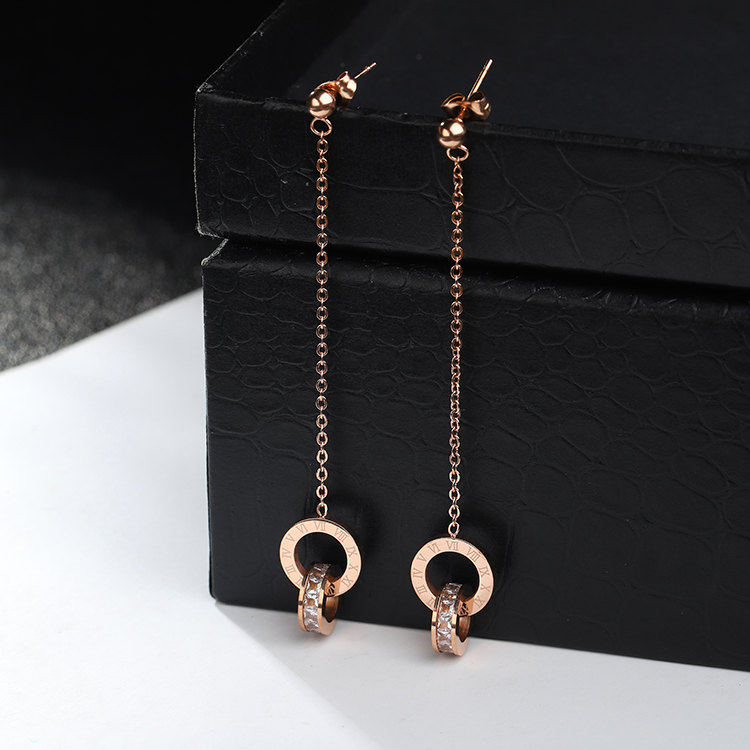 

YUN RUO Fashion Double Circle Zircon Tassel Stud Earring Woman Rose Gold Color Titanium Steel Jewelry Birthday Gift Not Fade