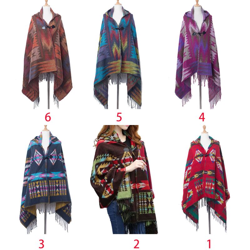 

Scarves Women Ethnic Hooded Poncho Tassels Shawl Cape Geometric Pattern Cloak Cardigan