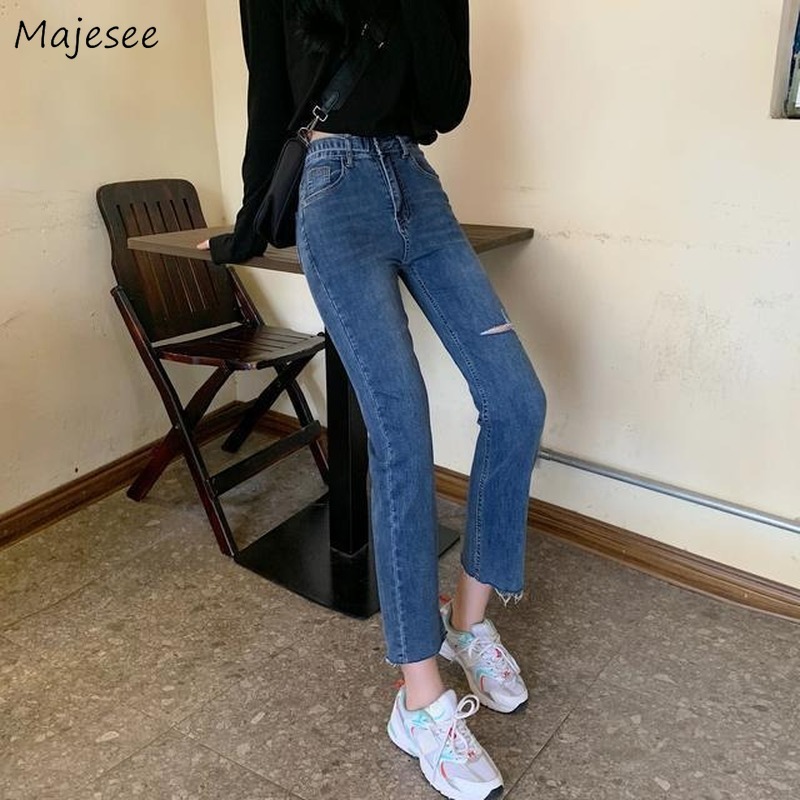

Women Jeans High Waist Autumn Ankle-length Hole Ripped Vintage Retro Womens Harajuku Slim Skinny Korean Style Female Daily New, Blue