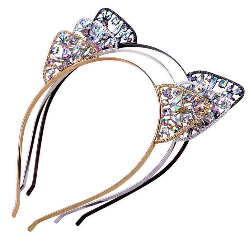 

Halloween Kid Girls Metal Rhinestone Cat Ear Headband Cosplay of Party Favors Black White Gold Party Gifts for Girl