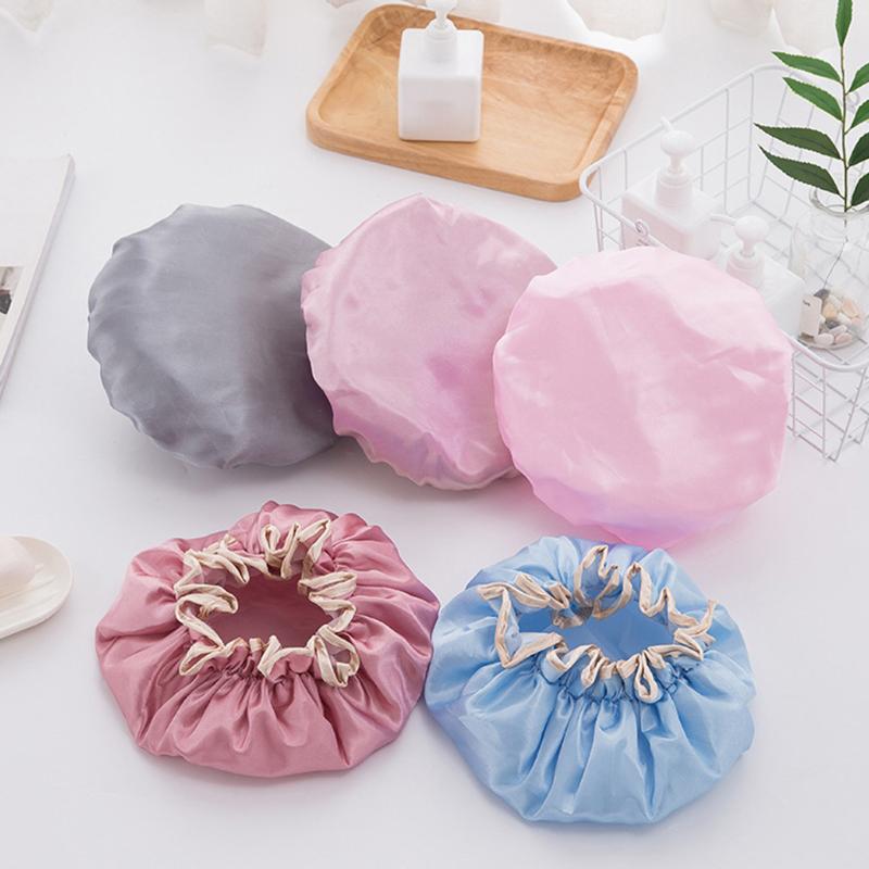 

Women Double Waterproof Shower Satin Bathing Cap Hats Silk Reusable Hair Cover 2020 High Capacity Wholesale Dropshipping