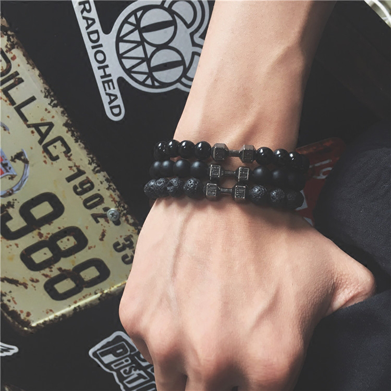 

Bangles Charm Bracelet Natural Stone Bangles Black Matte Volcanic Lava Beads Bracelets for Women Man Fitness Barbell Jewelry