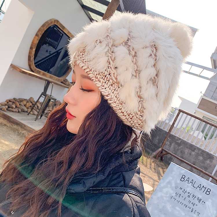 

Rancyword] Hot Sale Winter Fur Hats For Women Natural Rex Fur Beanie knitted Caps Female Elegant Real Cap GJ3138, Black