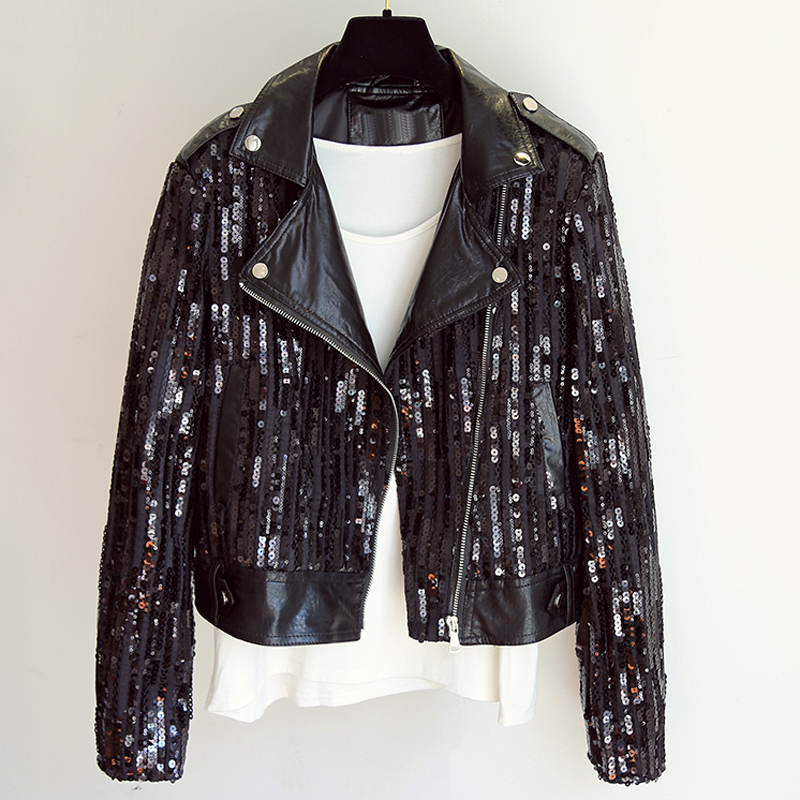 

2020 Korean Fashion Sequins Leather Jacket For Women Slim Fit Motorcycle Shorts Leather Coats Spring and Summer Clothing Women, As picture