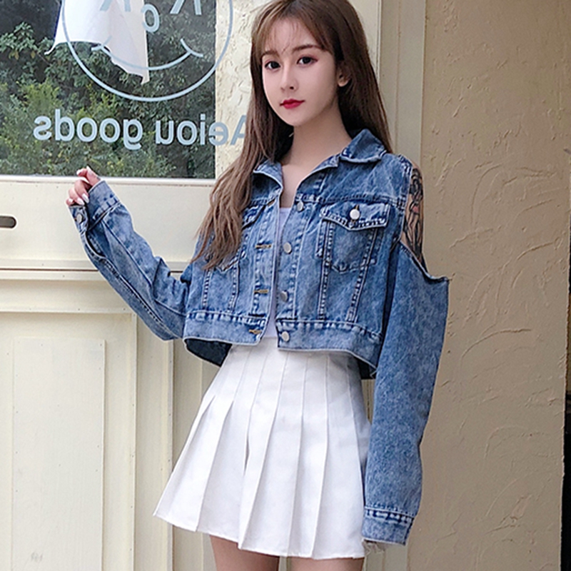 

Denim jacket women Summer Streetwear Open Shoulder Basic Short jacket lapel Retro Cotton Long Sleeve Coat Outwear Women, Blue