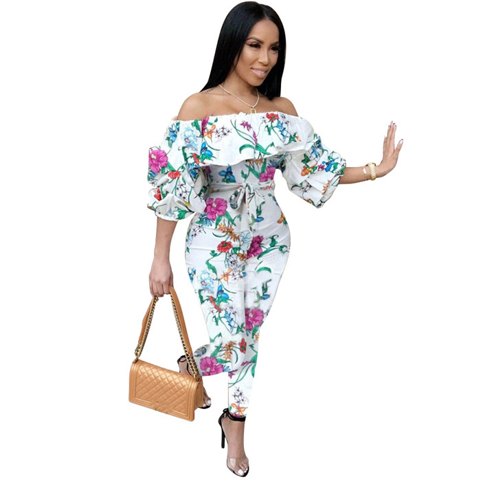 

Floral Sexy Jumpsuits Womens Designer High Waist Skinny Clothing Fashion One Shoulder Stacked Sleeve Autumn Women Rompers, White