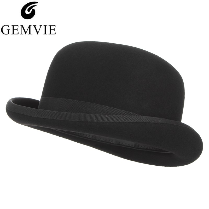 

GEMVIE 4 Sizes 100% Wool Felt Black Bowler Hat For Men Women Satin Lined Fashion Party Formal Fedora Costume Magician Cap, As pic