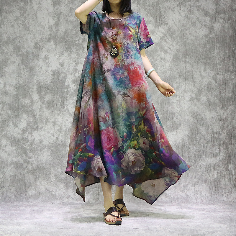 

Johnature Retro Print O-neck Short Sleeve Irregular Pullovers Dresses 2020 Summer New Loose Comfortable Women Fashion Dress, Purple