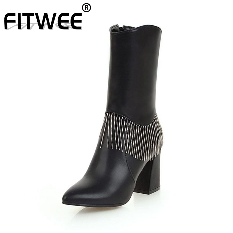 

FITWEE Women Mid Calf Boots Winter Keep Warm Fur High Heel Boots Sexy Pointed Toe Fringes Zipper Office Shoes Women Size 32-43, Black