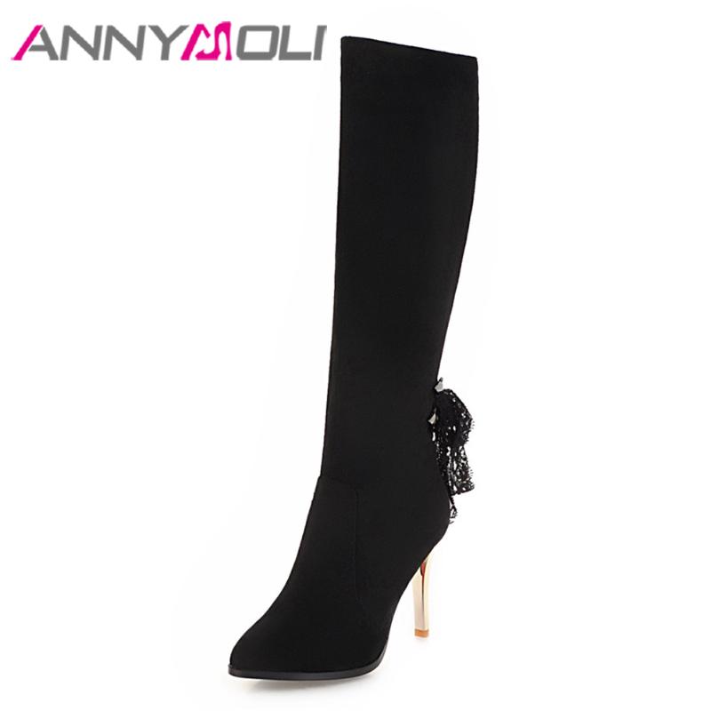 

ANNYMOLI Knee High Boots Autumn Shoes Women Bow High Heel Boots Zipper Sexy Lace Long Black winter Ladies Footwear 33-42